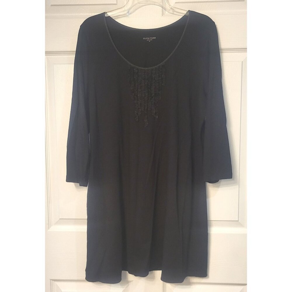 Eileen Fisher 3/4 Sleeve Scoop Neck Bib Obsidian Black Knit Dress XL Lagenlook